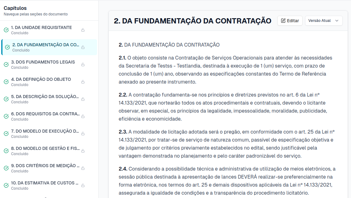 Interface do Termo Fácil mostrando geração de documento de licitação